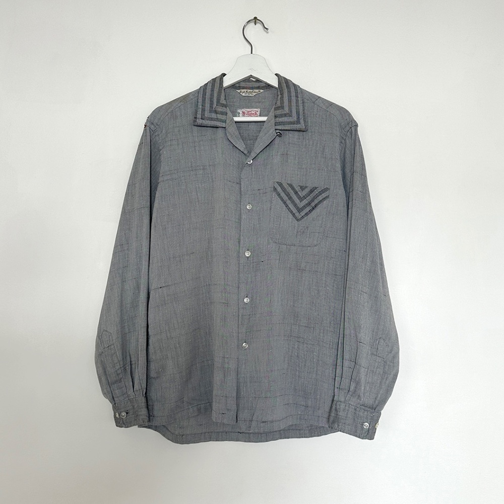 vintage 50s striped gray cotton mens collared shirt loop collar bode rayon M L